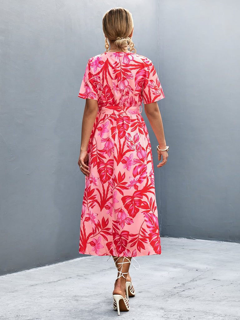 Floral Print High Slit Surplice Neck Tie Waist Midi Dress - Scarlet Avenue
