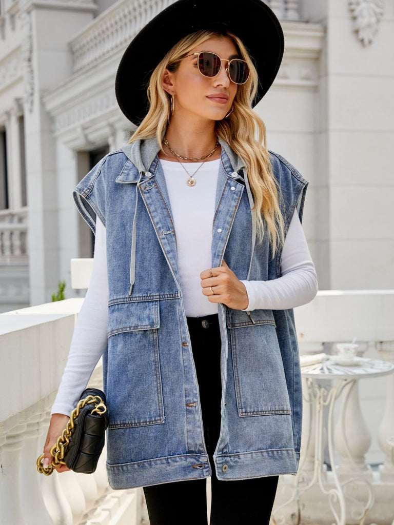 Hooded Sleeveless Denim Top with Pockets - Scarlet Avenue