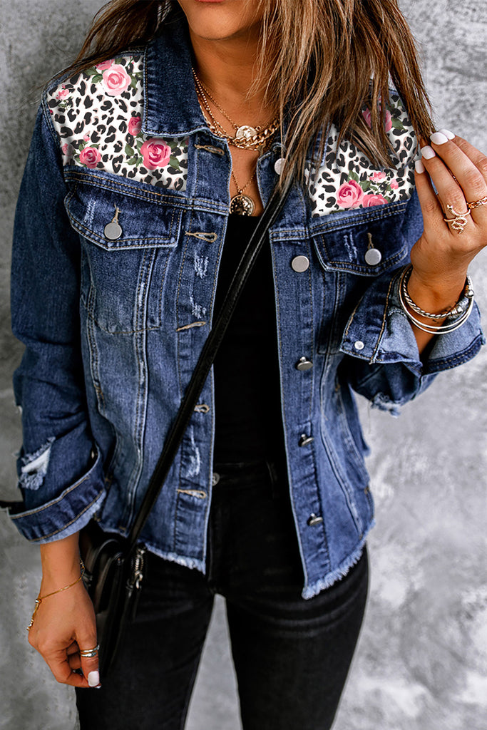Mixed Print Distressed Button Front Denim Jacket - Scarlet Avenue