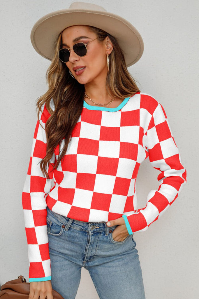 Checkered Round Neck Sweater - Scarlet Avenue