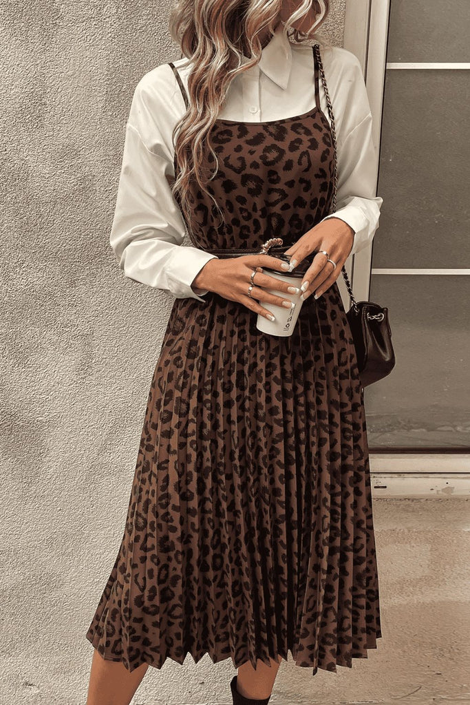 Leopard Print Spaghetti Straps Straight Neck Midi Dress - Scarlet Avenue