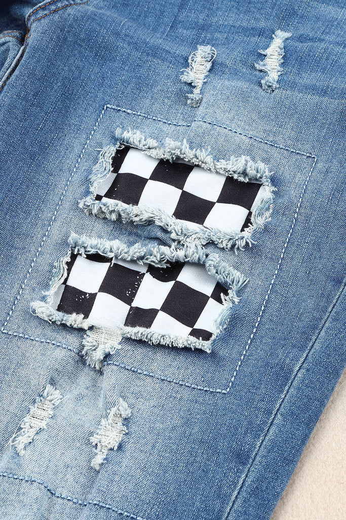Checkered Patchwork Mid Waist Distressed Jeans - Scarlet Avenue