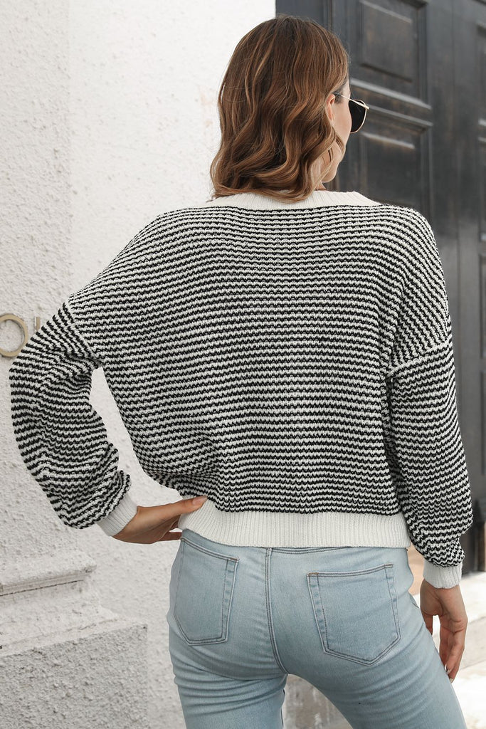 Striped Round Neck Dropped Shoulder Sweater - Scarlet Avenue