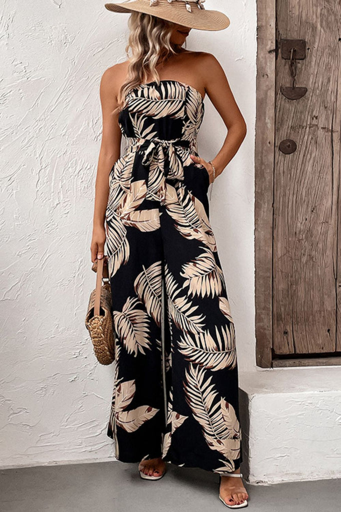 Printed Strapless Wide Leg Jumpsuit with Pockets - Scarlet Avenue