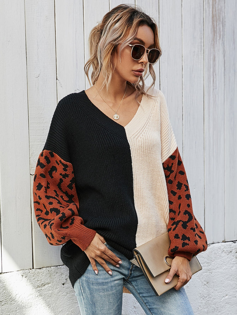 Leopard Color Block V-Neck Tunic Pullover Sweater - Scarlet Avenue
