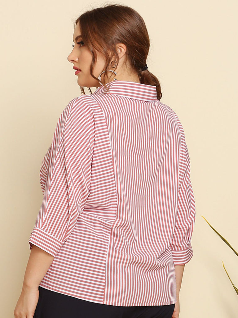 Plus Size Striped Three-Quarter Sleeve Shirt - Scarlet Avenue