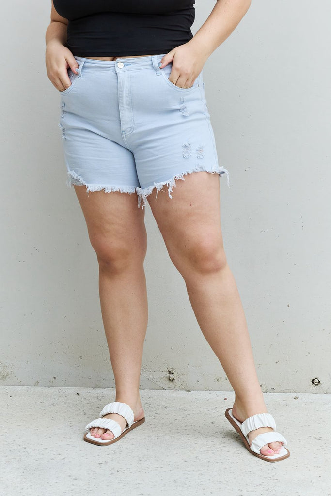 RISEN Katie Full Size High Waisted Distressed Shorts in Ice Blue - Scarlet Avenue