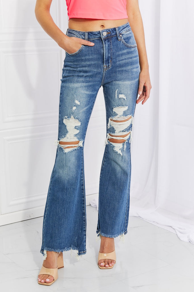 RISEN Full Size Hazel High Rise Distressed Flare Jeans - Scarlet Avenue