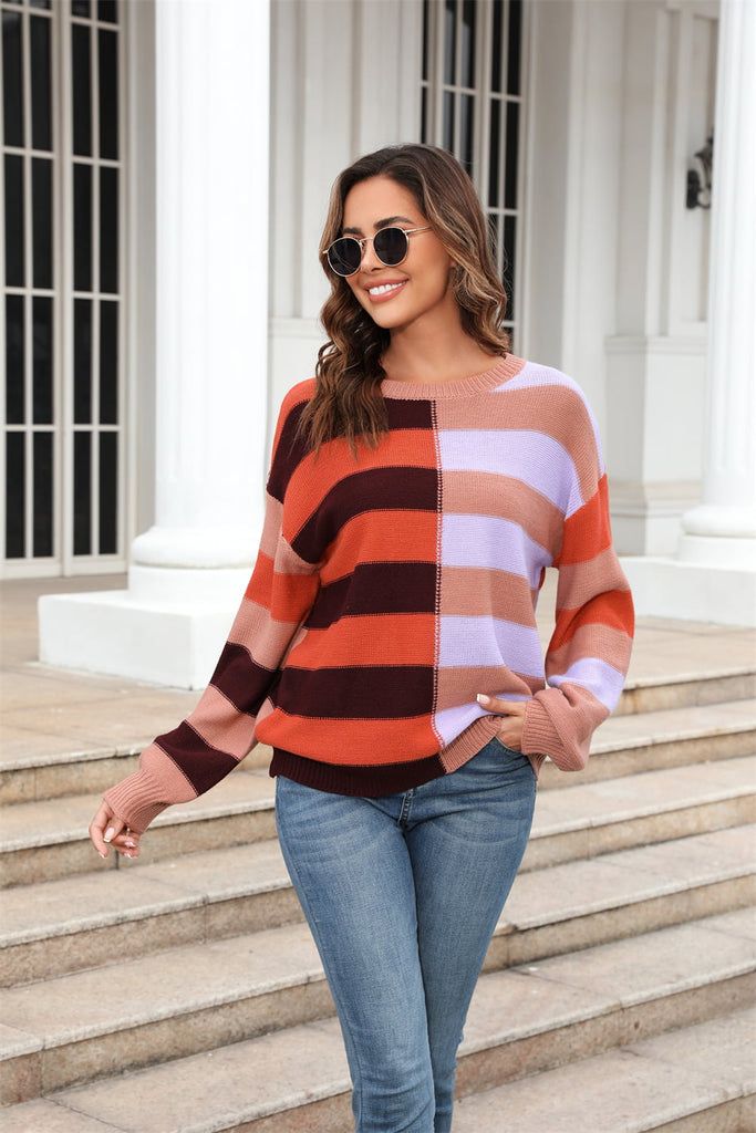 Round Neck Long Sleeve Color Block Dropped Shoulder Pullover Sweater - Scarlet Avenue
