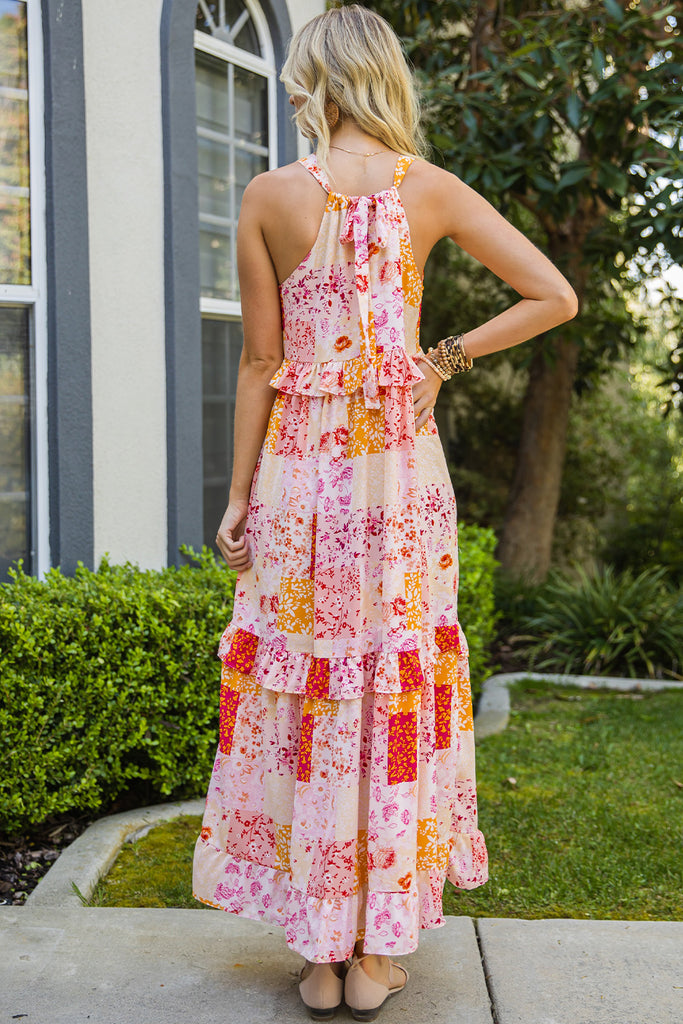 Patchwork Grecian Neck Ruffled Maxi Dress - Scarlet Avenue
