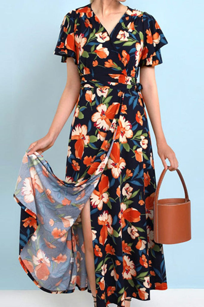 Plus Size Floral Surplice Neck Flutter Sleeve Dress - Scarlet Avenue