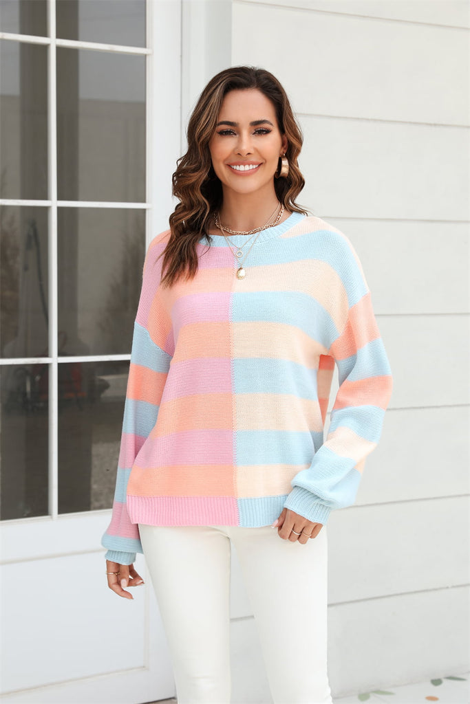 Round Neck Long Sleeve Color Block Dropped Shoulder Pullover Sweater - Scarlet Avenue