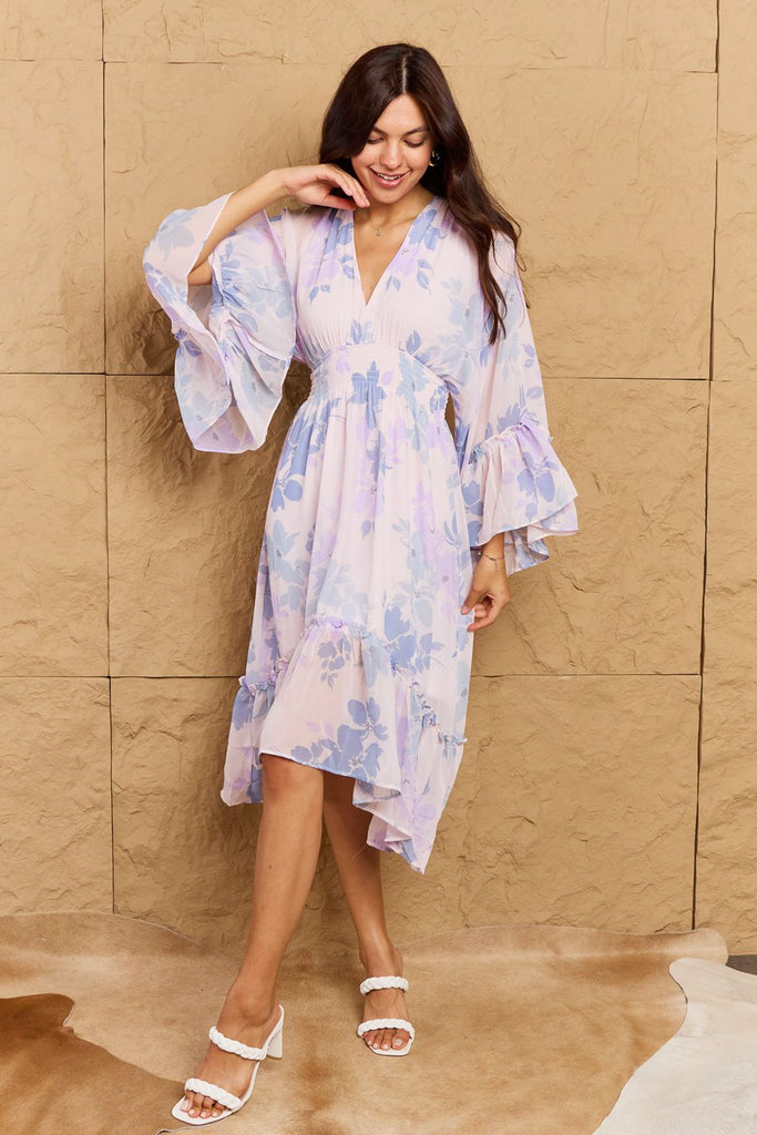 OneTheLand Take Me With You Floral Bell Sleeve Midi Dress in Blue - Scarlet Avenue