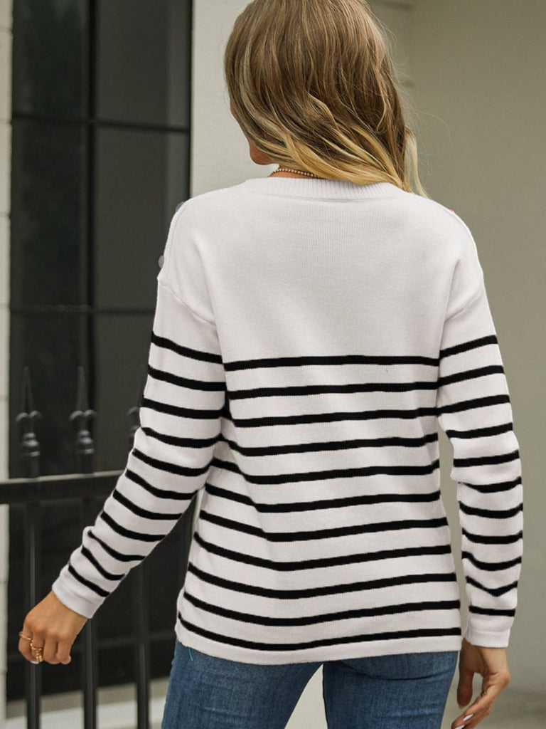 Round Neck Shoulder Button Striped Pullover Sweater - Scarlet Avenue