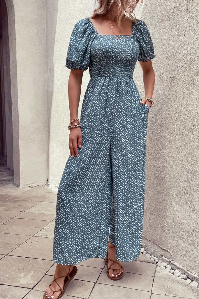 Printed Square Neck Jumpsuit with Pockets - Scarlet Avenue