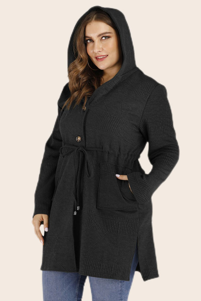 Plus Size Drawstring Waist Hooded Cardigan with Pockets - Scarlet Avenue