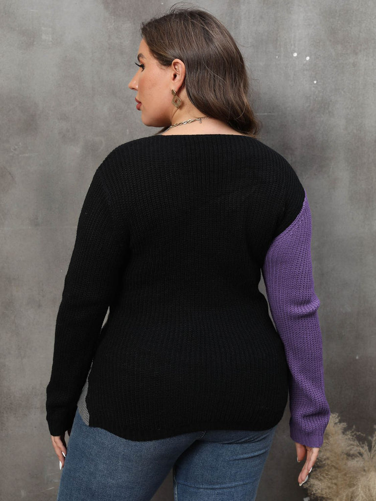 Plus Size Two-Tone Surplice Neck Sweater - Scarlet Avenue