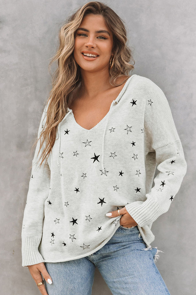 Star V-Neck Roll Hem Drop Shoulder Sweater - Scarlet Avenue