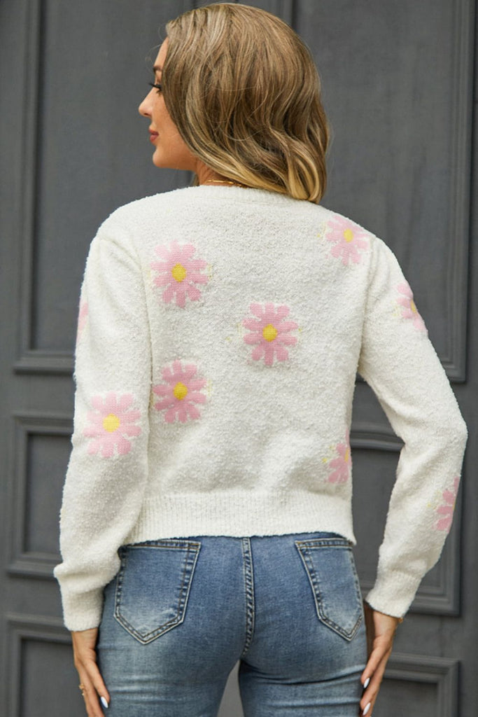 Flower Pattern Round Neck Short Sleeve Pullover Sweater - Scarlet Avenue