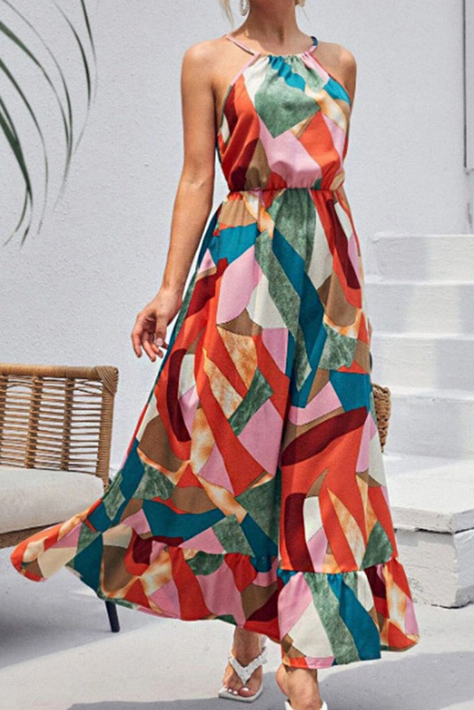Multicolored Tied Grecian Neck Maxi Dress - Scarlet Avenue