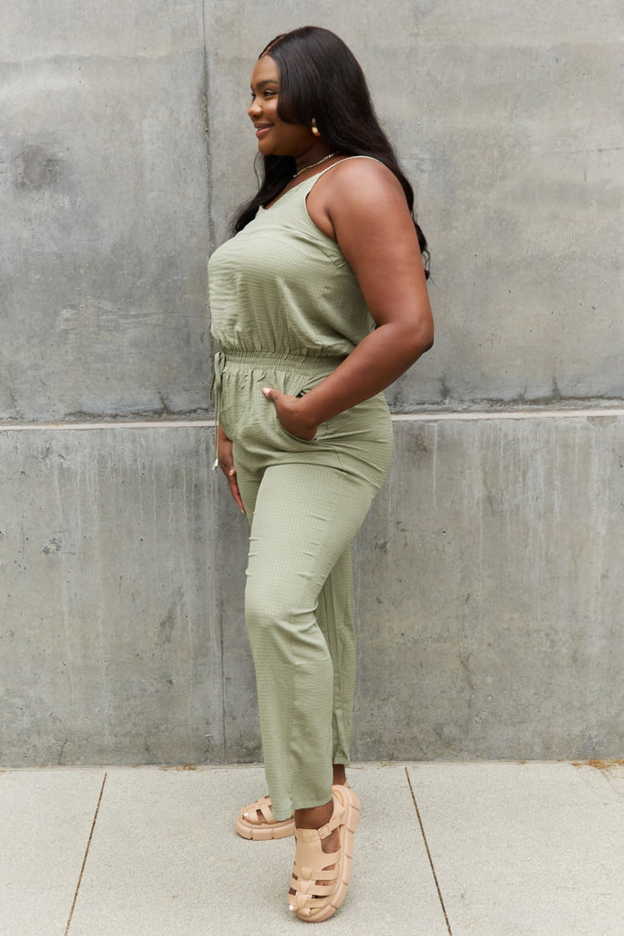 ODDI Full Size Textured Woven Jumpsuit in Sage - Scarlet Avenue