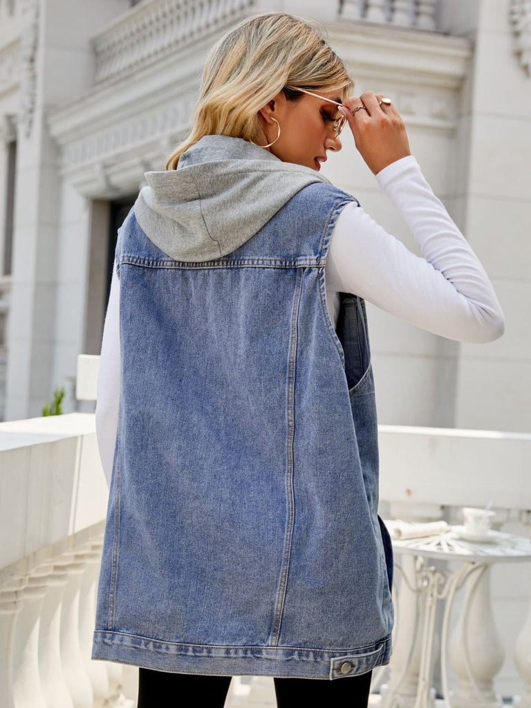 Drawstring Hooded Sleeveless Denim Top with Pockets - Scarlet Avenue
