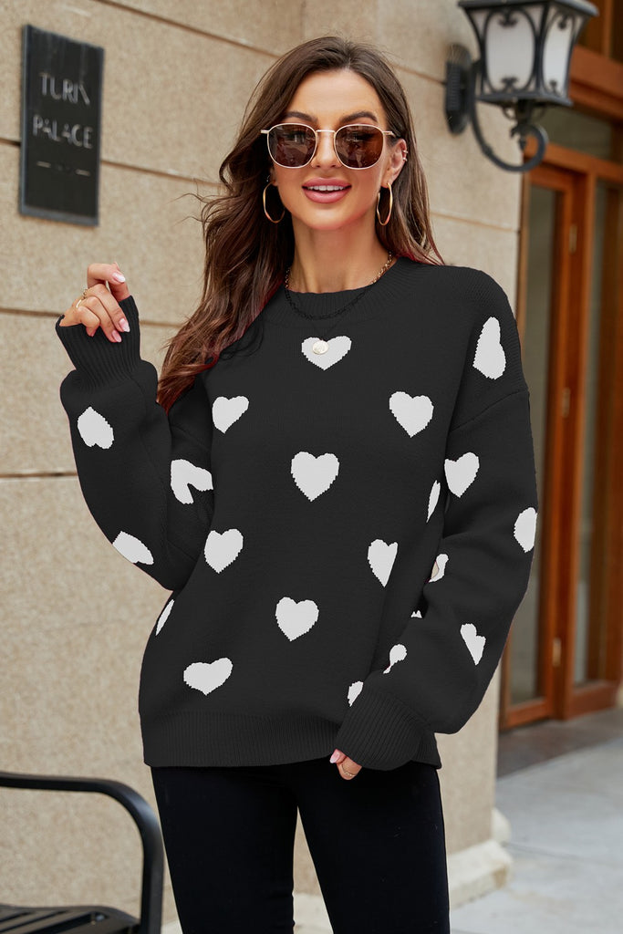 Heart Pattern Lantern Sleeve Round Neck Tunic Sweater - Scarlet Avenue