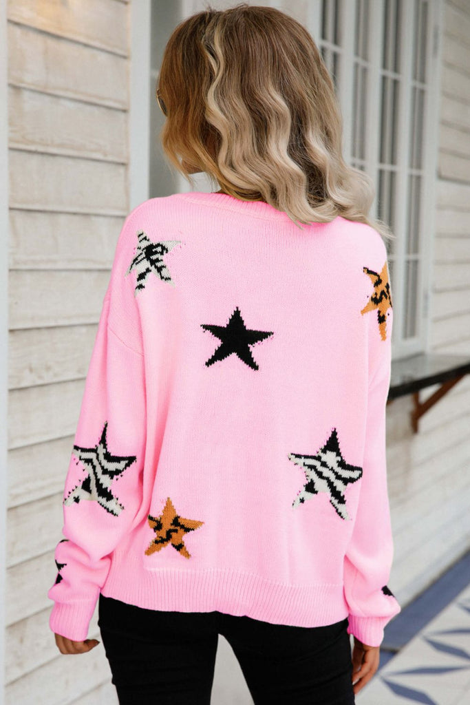 Star Pattern Round Neck Dropped Shoulder Sweater - Scarlet Avenue