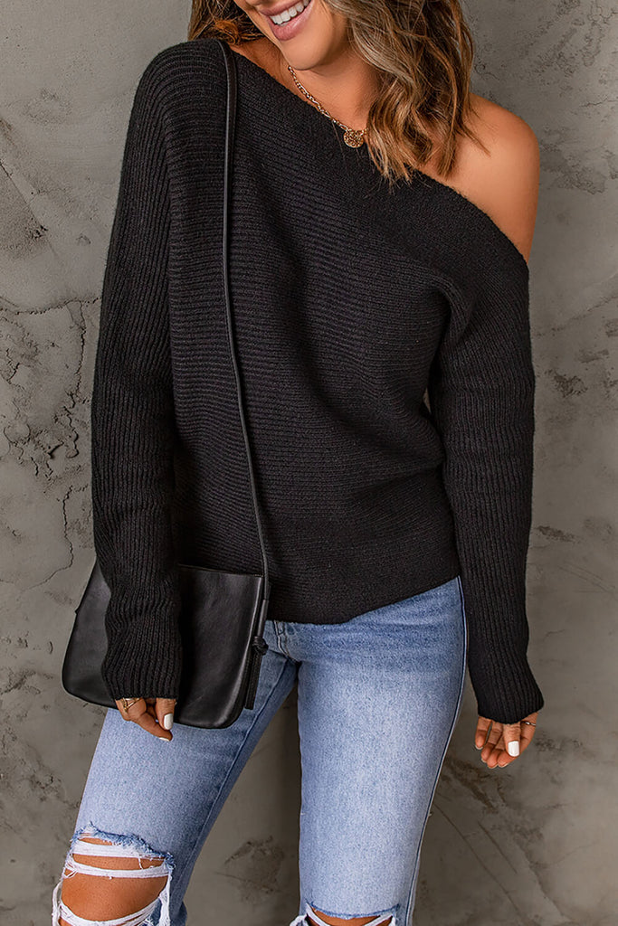 Horizontal Ribbing One-Shoulder Sweater - Scarlet Avenue