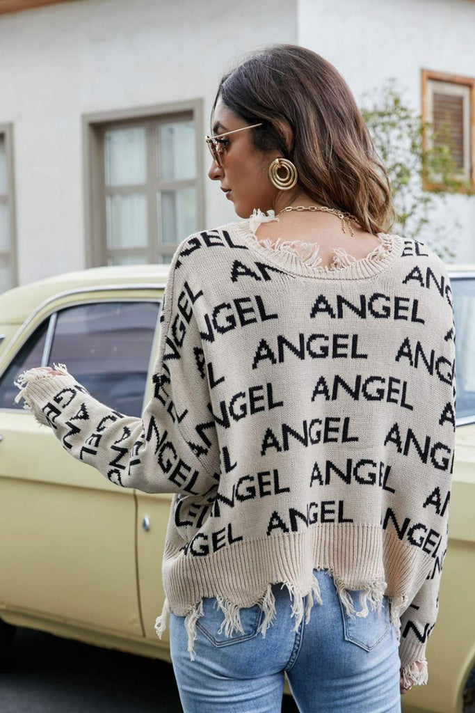 ANGEL Distressed V-Neck Dropped Shoulder Sweater - Scarlet Avenue