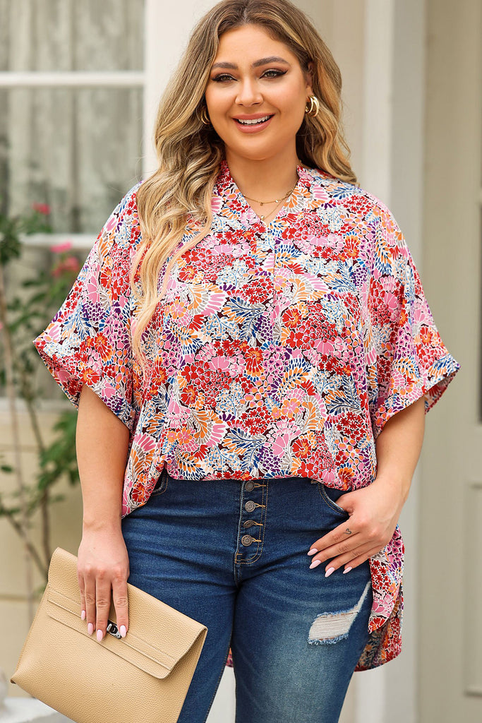 Plus Size Printed Notched Neck Half Sleeve Top - Scarlet Avenue