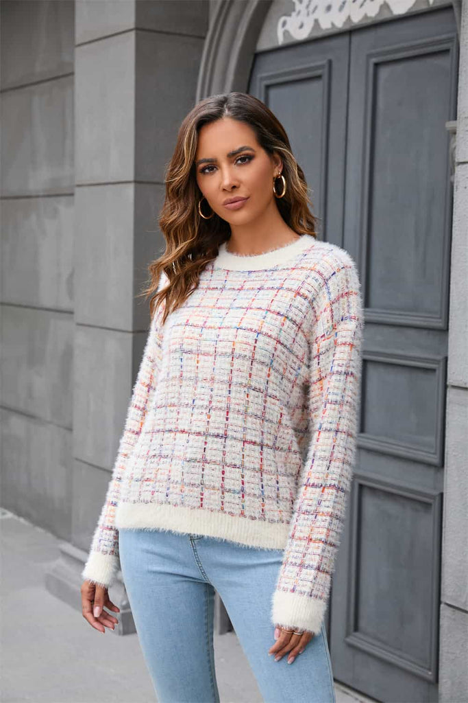 Plaid Round Neck Long Sleeve Pullover Sweater - Scarlet Avenue