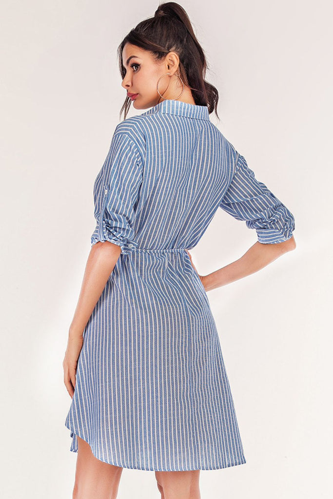 Full Size Striped Quarter-Button Roll-Tab Sleeve Shirt Dress - Scarlet Avenue