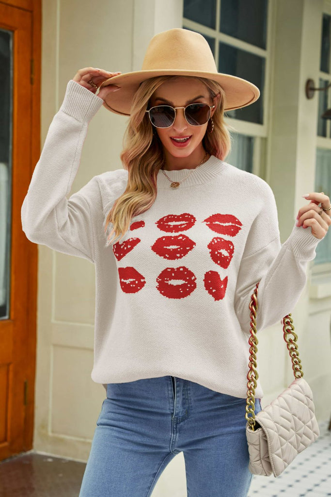 Lip Graphic Slit Dropped Shoulder Sweater - Scarlet Avenue