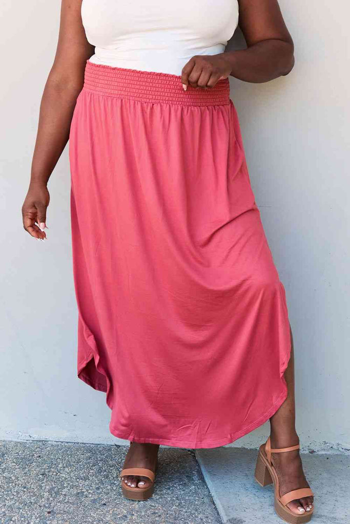 Doublju Comfort Princess Full Size High Waist Scoop Hem Maxi Skirt in Hot Pink - Scarlet Avenue