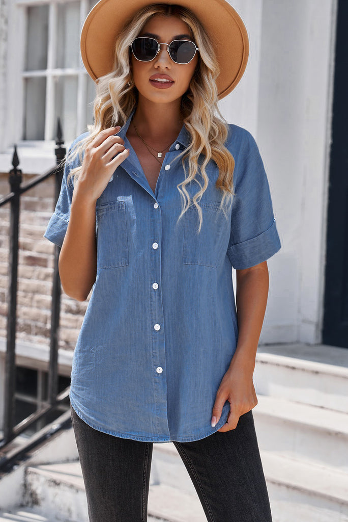 Button Front Collared Short Sleeve Shirt - Scarlet Avenue