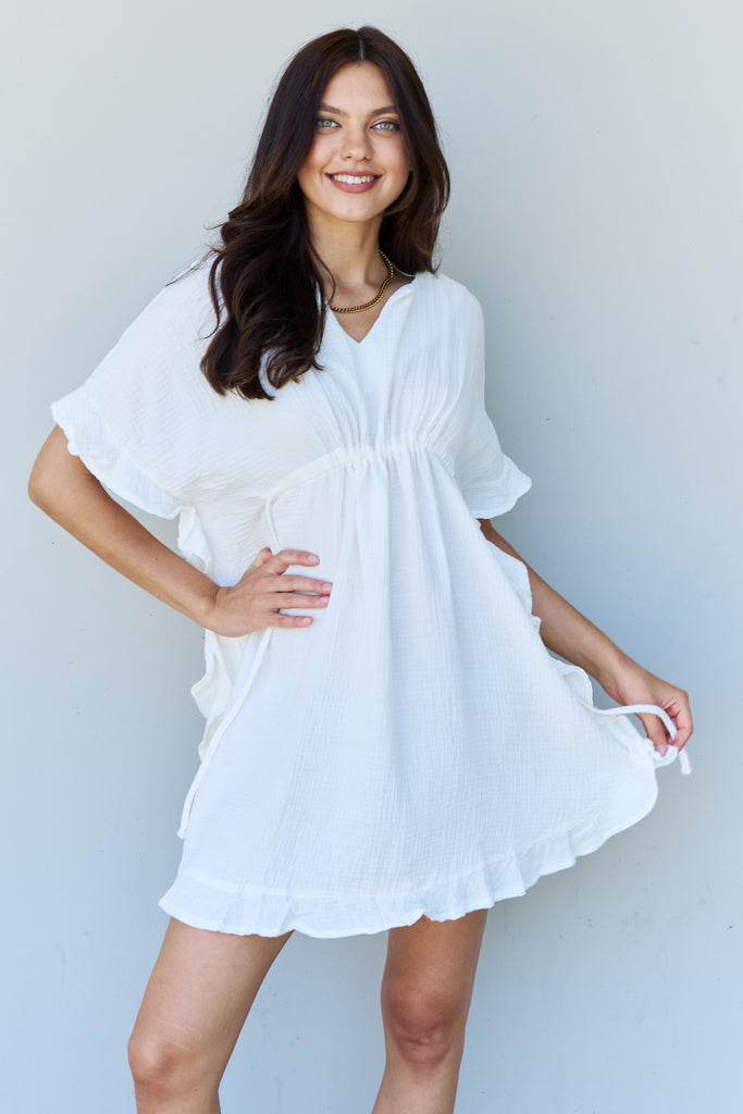 Ninexis Out Of Time Full Size Ruffle Hem Dress with Drawstring Waistband in White - Scarlet Avenue