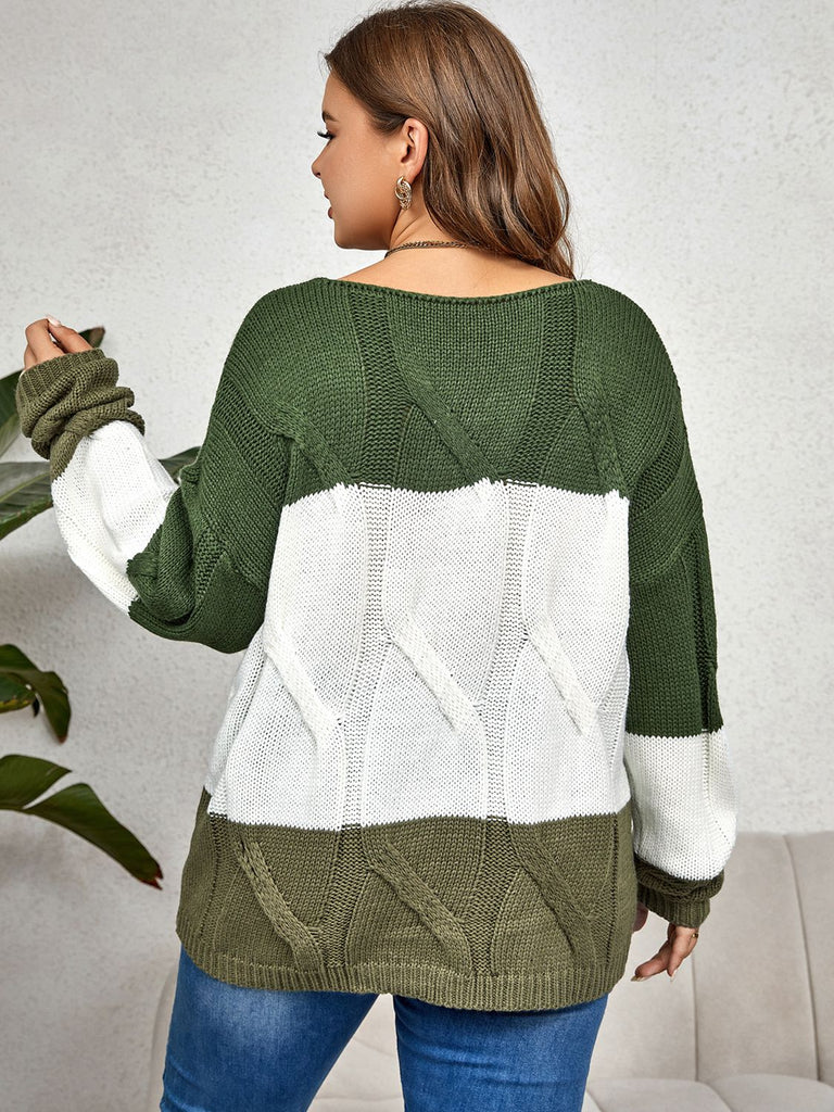 Plus Size Color Block Long Sleeve Sweater - Scarlet Avenue