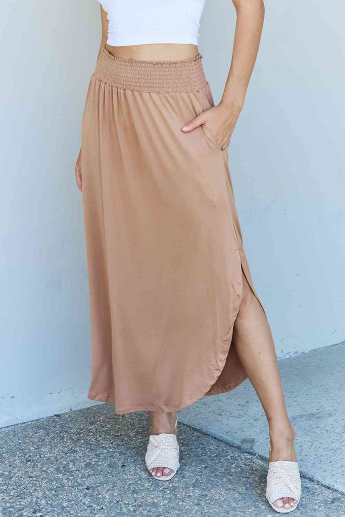 Doublju Comfort Princess Full Size High Waist Scoop Hem Maxi Skirt in Tan - Scarlet Avenue