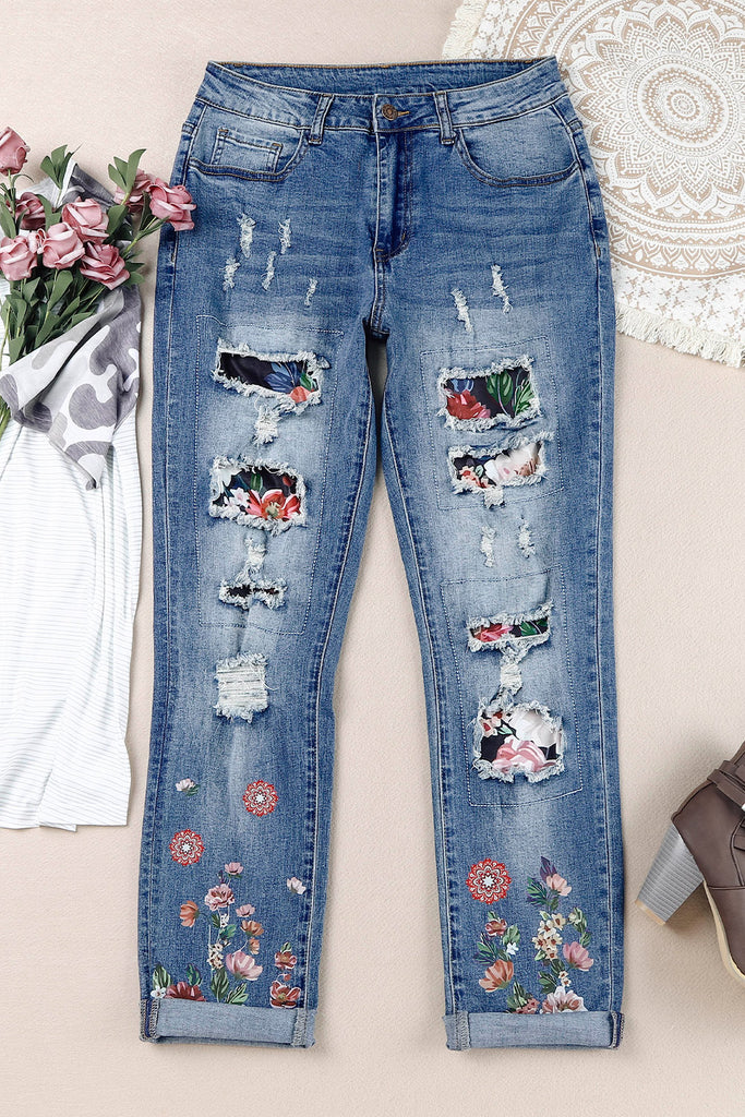 Floral Graphic Patchwork Distressed Jeans - Scarlet Avenue