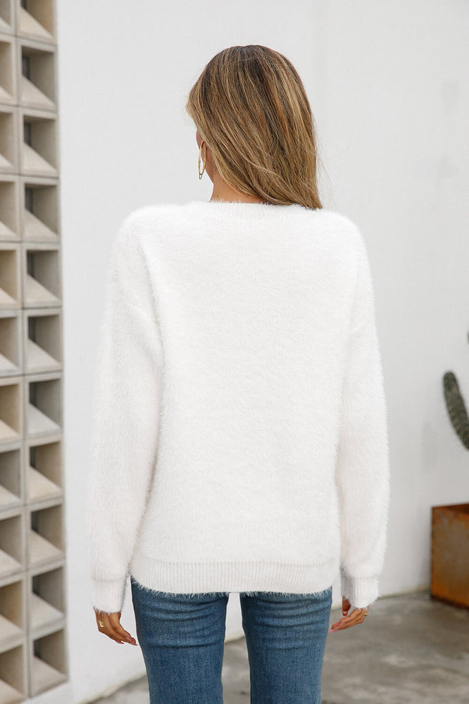 Dropped Shoulder Round Neck Fuzzy Sweater - Scarlet Avenue
