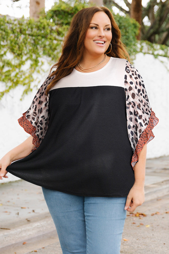 Plus Size Printed Color Block Ruffled Blouse - Scarlet Avenue