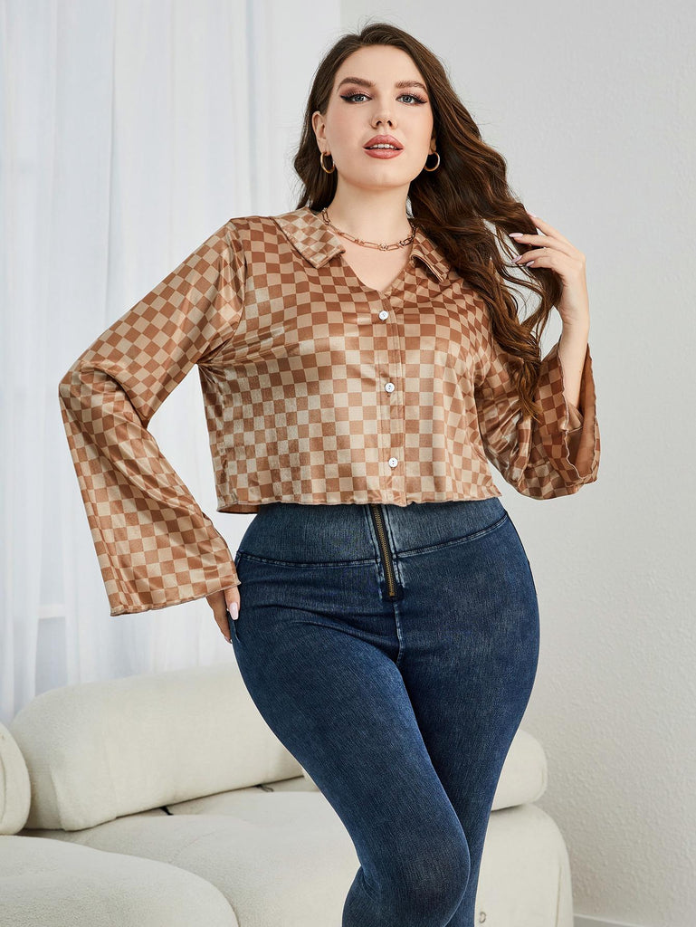 Plus Size Checkered Johnny Collar Flare Sleeve Shirt - Scarlet Avenue
