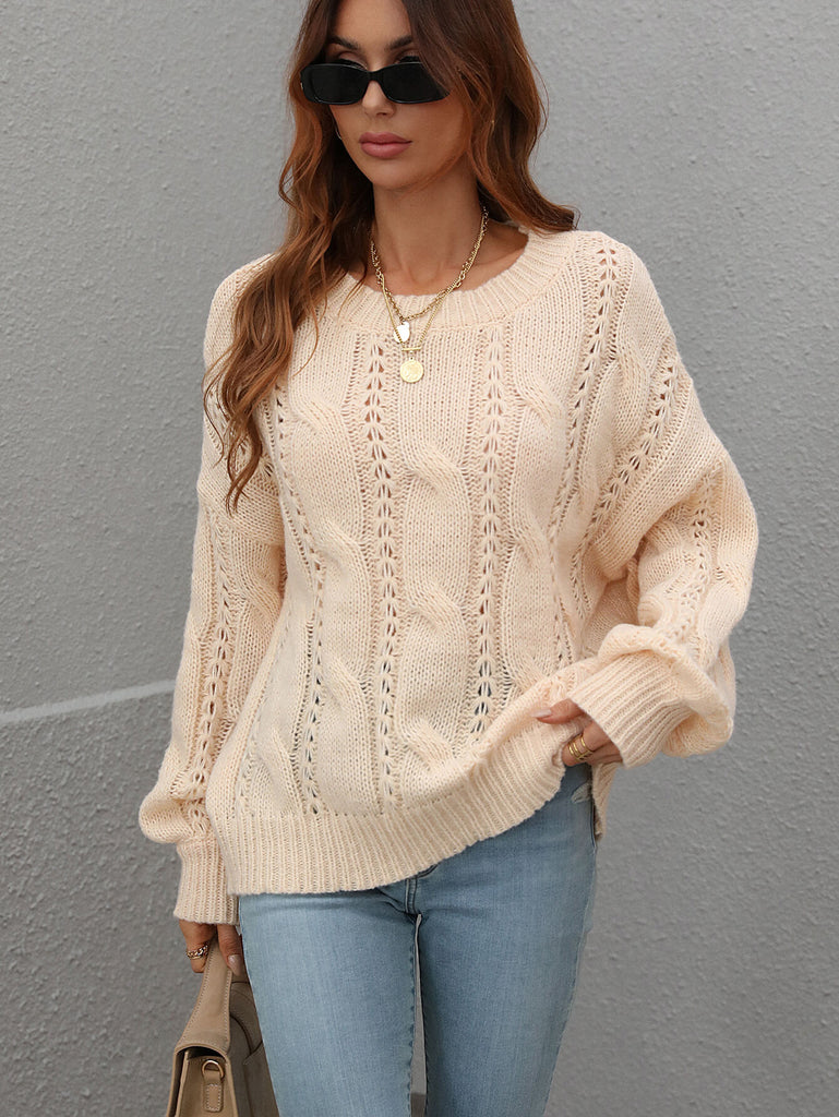 Cable-Knit Openwork Round Neck Sweater - Scarlet Avenue