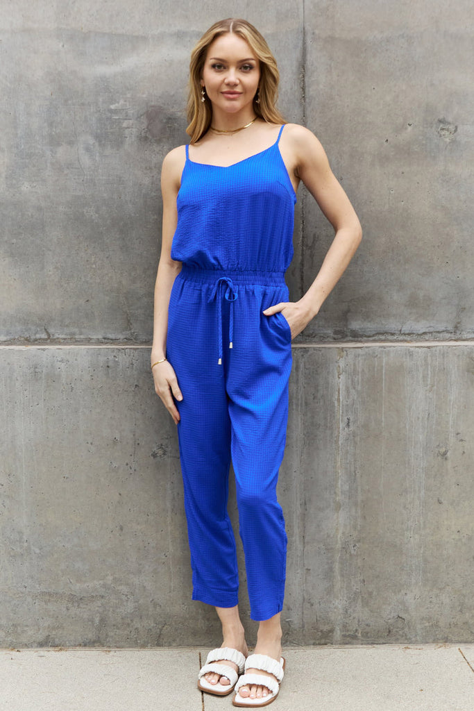 ODDI Full Size Textured Woven Jumpsuit in Royal Blue - Scarlet Avenue