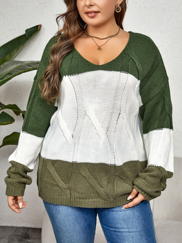 Plus Size Color Block Long Sleeve Sweater - Scarlet Avenue