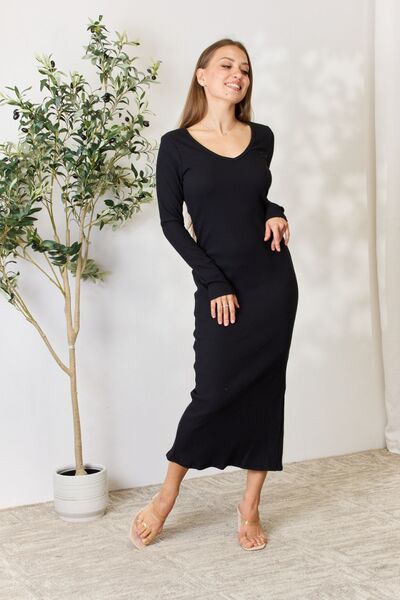 Culture Code Full Size Ribbed Long Sleeve Midi Slit Dress - Scarlet Avenue