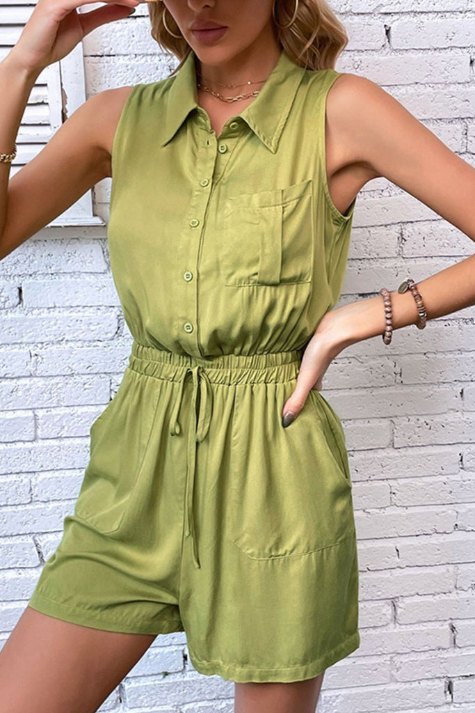 Collared Neck Sleeveless Romper with Pockets - Scarlet Avenue