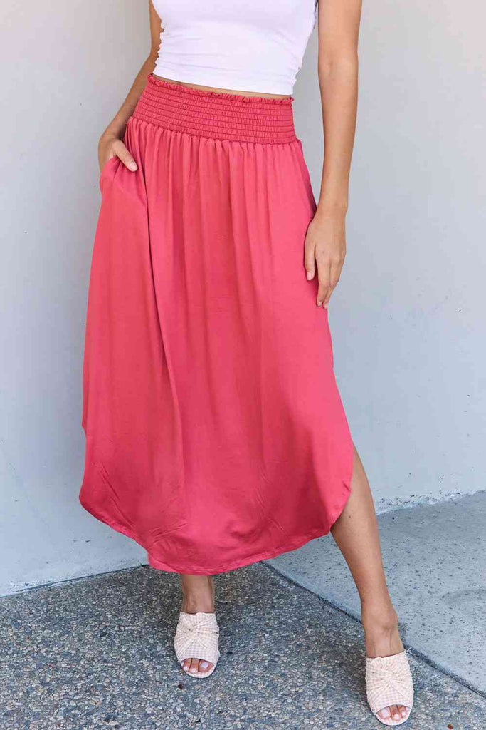 Doublju Comfort Princess Full Size High Waist Scoop Hem Maxi Skirt in Hot Pink - Scarlet Avenue