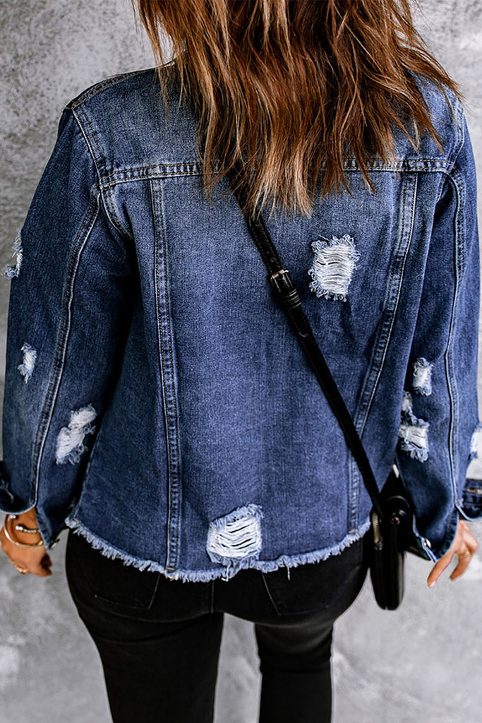 Mixed Print Distressed Button Front Denim Jacket - Scarlet Avenue